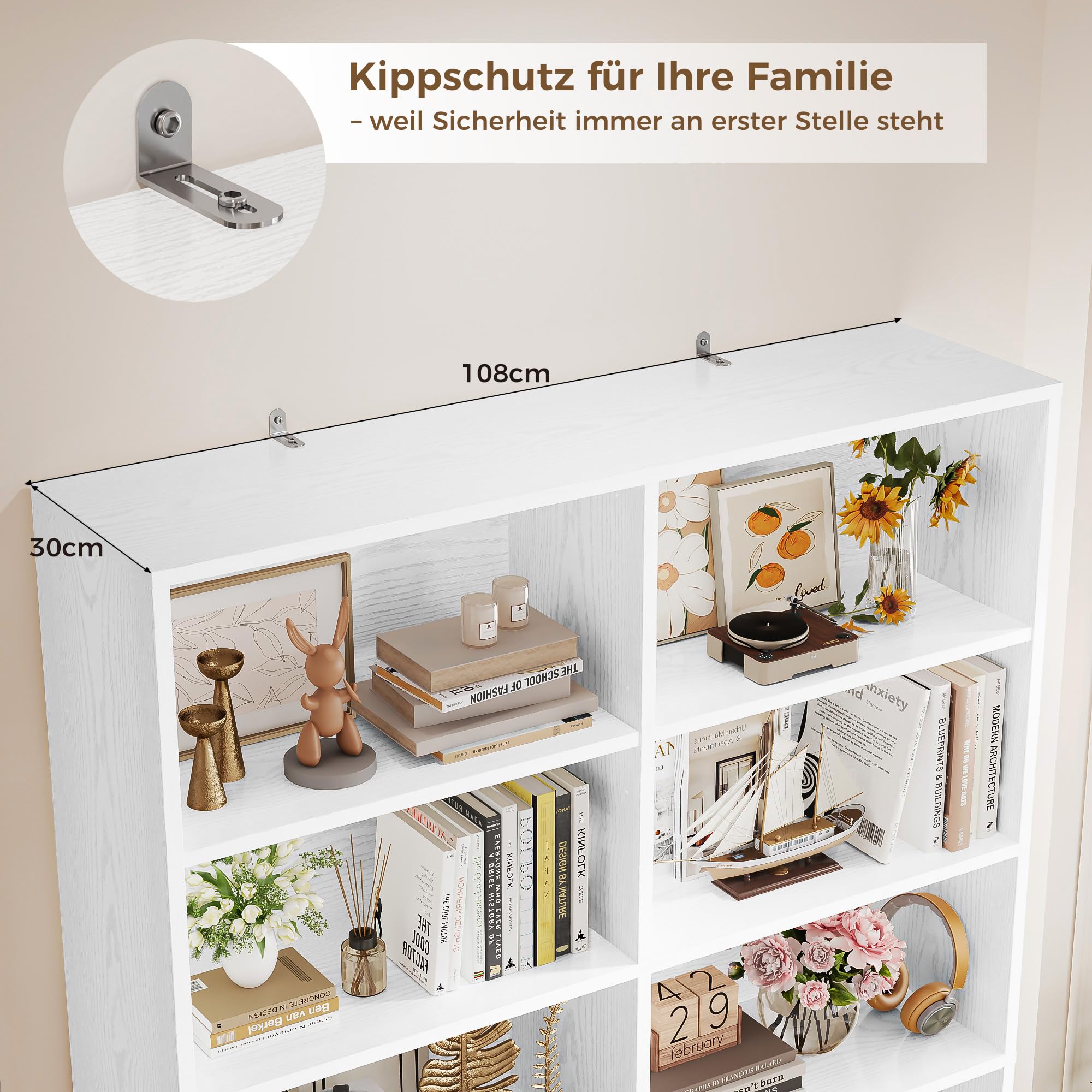 IRONCK Bücherregal mit Türen, Regal Holz mit 6 Ebenen 12 Fächern, Bücherschrank Hochschrank Vitrinenschrank, Einstellbare Regalböden, Standregal für Wohnzimmer Büro Schlafzimmer 108×30×180cm (Weiß)