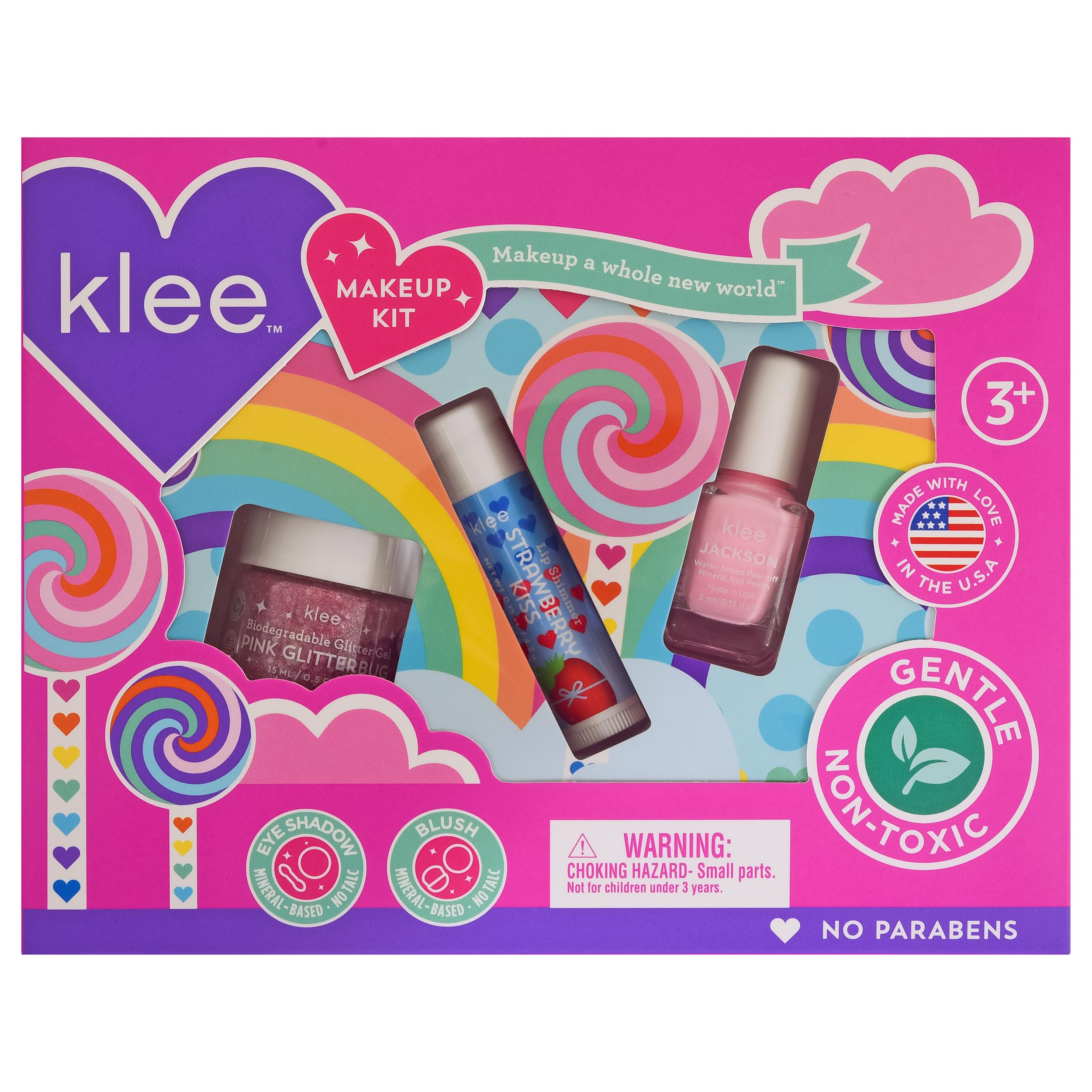 Klee Naturals Makeup Kit with Nail Polish, Glitter Gel and Lip Shimmer. Kid-Friendly and Non-Toxic. Made in USA. (Spinning Pink)