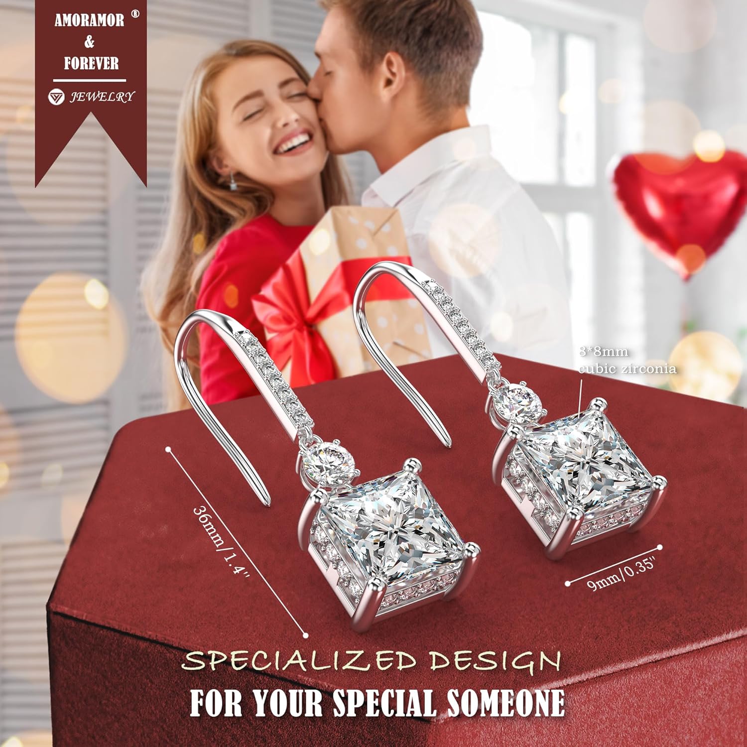 18K White Gold Plated Sterling Silver Princess Cut Cubic Zirconia Dangle Earrings for Women Square CZ Diamond Drop Dangling Earrings for Mom Formal Wedding Earrings for Women Bride - Image 3