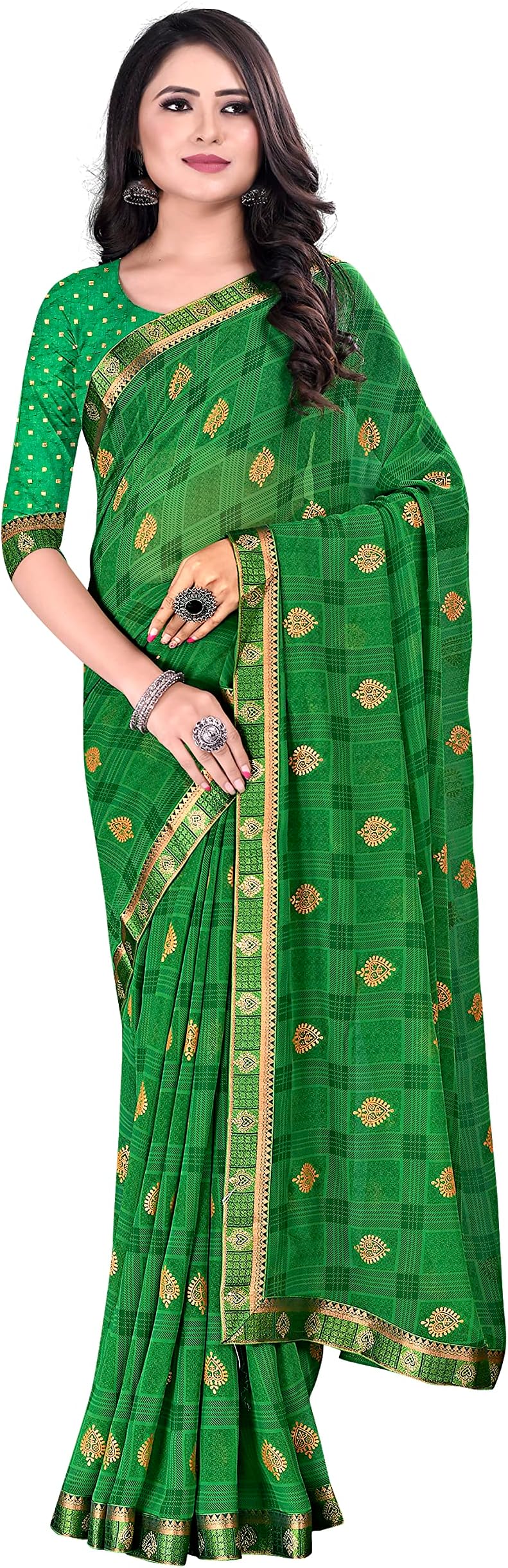Rekha ManiyarPrinted Georgette With Banarasi Border Saree for Women with Unstitched Blouse Piece (RIWAZ_PARENT), Green, One Size