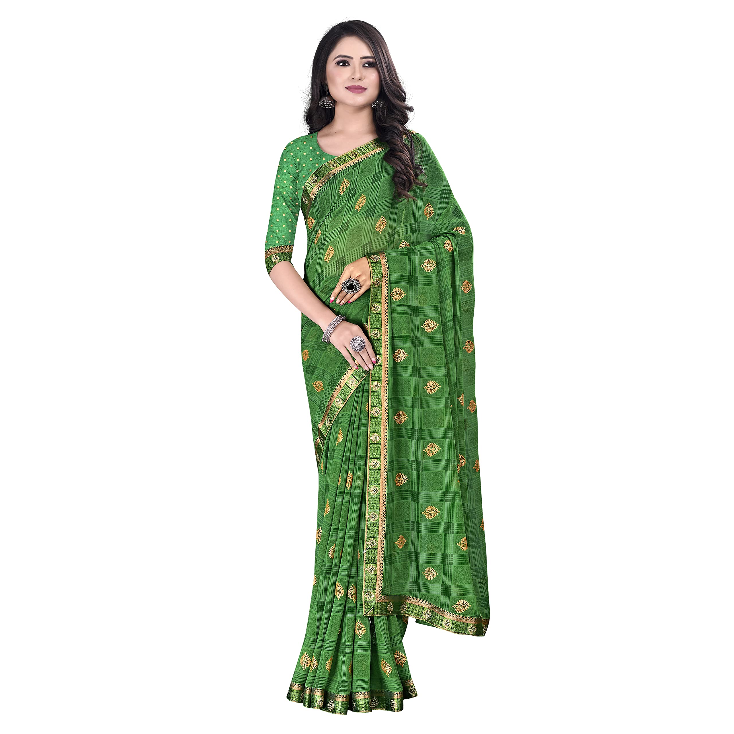 Rekha ManiyarPrinted Georgette With Banarasi Border Saree for Women with Unstitched Blouse Piece (RIWAZ_PARENT), Green, One Size