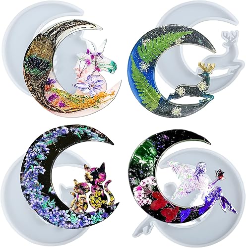 Moldes de silicona de resina de luna creciente, fundición epoxi, unicornio, ciervo, gato, hada, 4 unidades, grande, 5.2 pulgadas