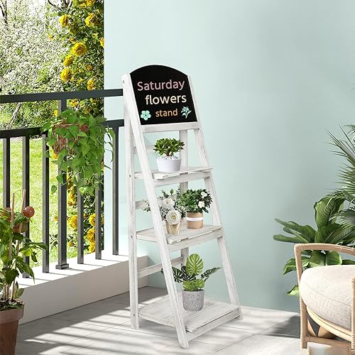 Miniatura 2 de NO MORE TAG Estante de escalera de 3 niveles con pizarra estante de escalera de madera estantería inclinada con espacio de almacenamiento estantes