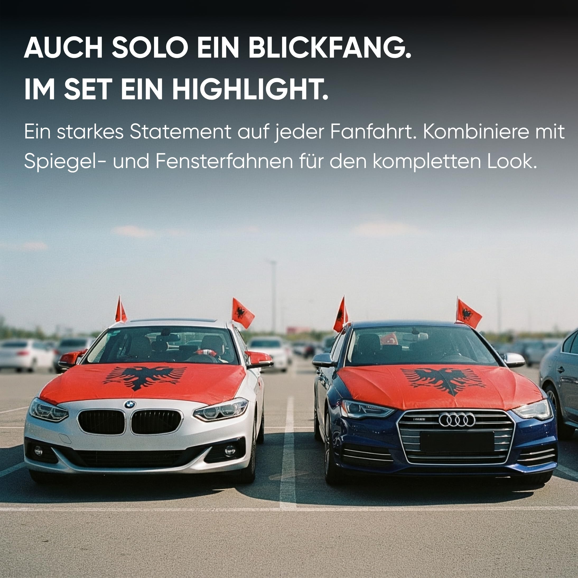 Auto Fahnen Albanien Set - Motorhauben Fahne & 2 Autofahnen für Fenster, Fußball Fanartikel FZG für EM & WM, Albanische Flagge Deko Set