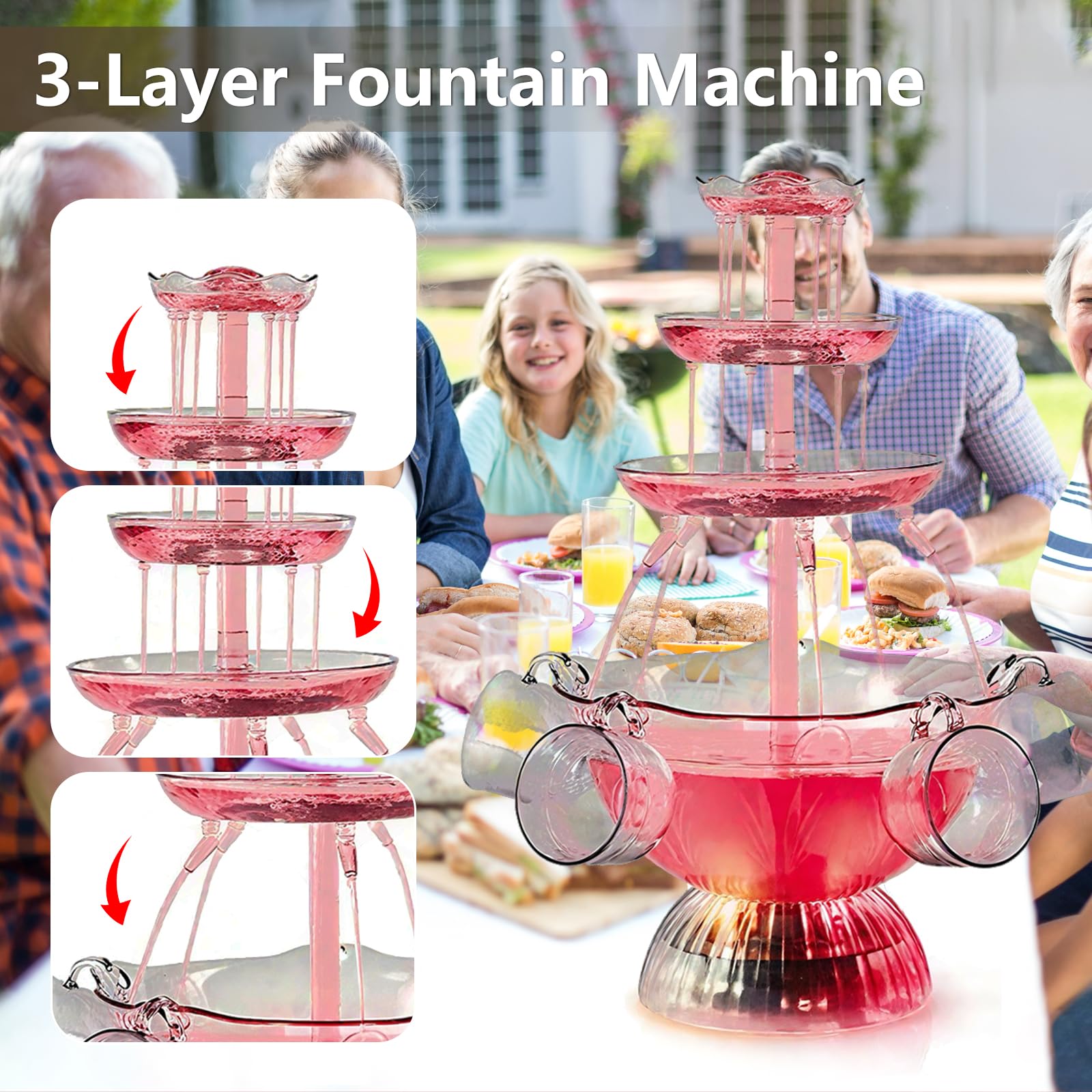 Fontaine de fête à 3 niveaux avec éclairage, 5 gobelets réutilisables, socle éclairé par LED, tour de boissons pour mariages, fêtes, célébrations et bars