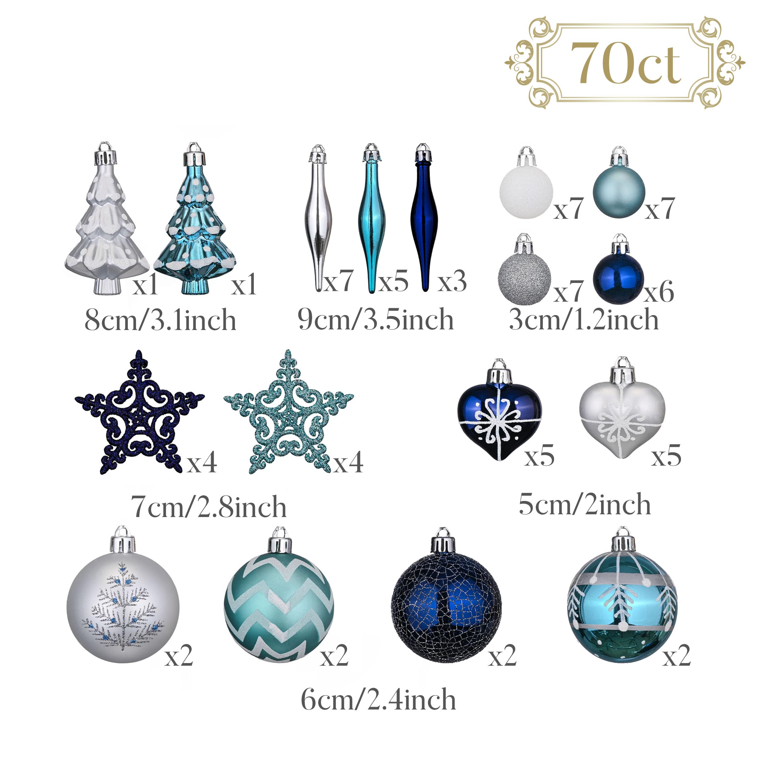 Valery Madelyn Weihnachtskugeln Plastik Christbaumkugeln 70er Set Weihnachtsbaumschmuck mit Aufhänger Weihnachtsdeko Winterwünsches Thema Silber Blau MEHRWEG Verpackung 3-16cm
