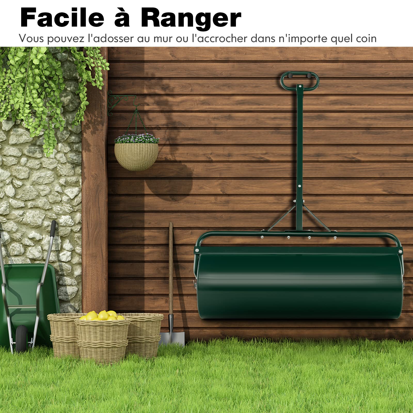 GOPLUS Aireadores de Césped Manuales 63L, Rodillo de Césped de Jardín con Asa Ajustable y Protector de Suciedad, Rellenable con Agua y Arena, para Empujar y Tirar para Jardín y Parque (Verde)