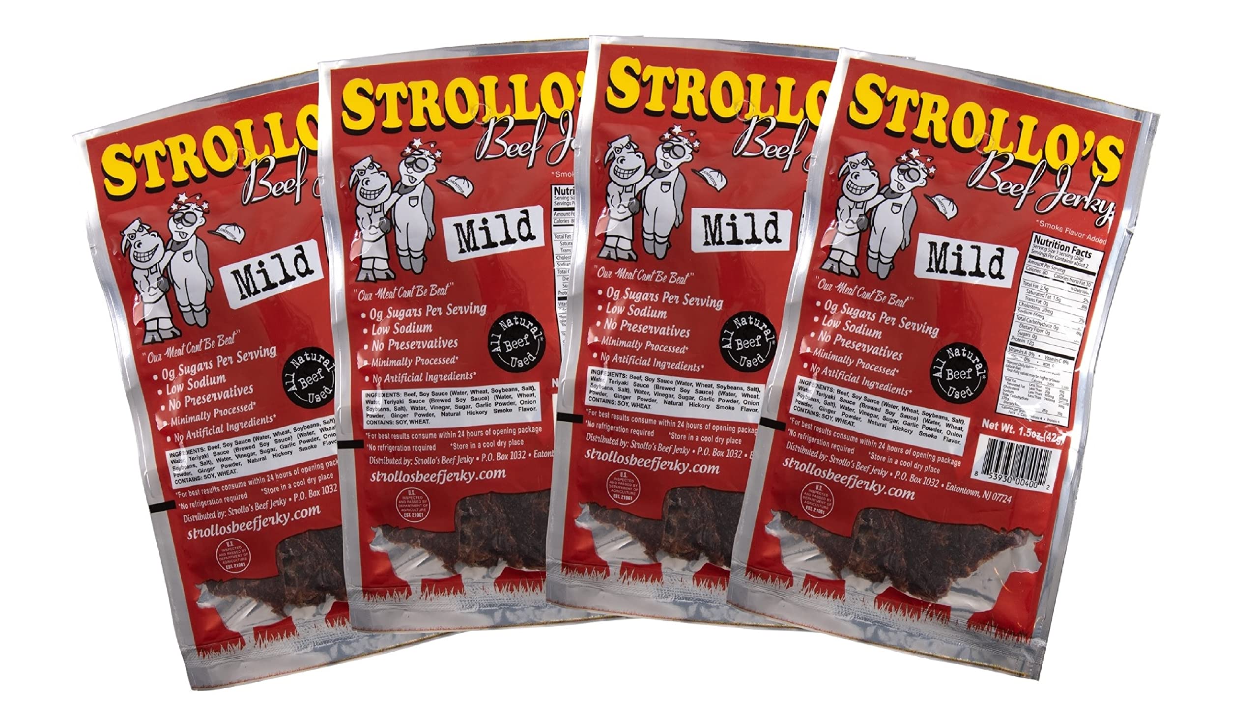 Strollo's Beef Jerky Snack Packs - Mild 4 Pack - 1.5oz Each- Low Sodium, Low Sugar, Low Carb - Made with All Natural USA Beef, USDA Certified