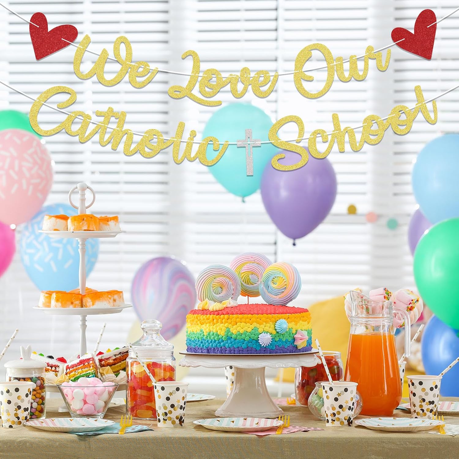 We Love Our Catholic School Banner - Catholic School Week Classroom Decor, We Love Our Catholic School Decor Gold Glitter