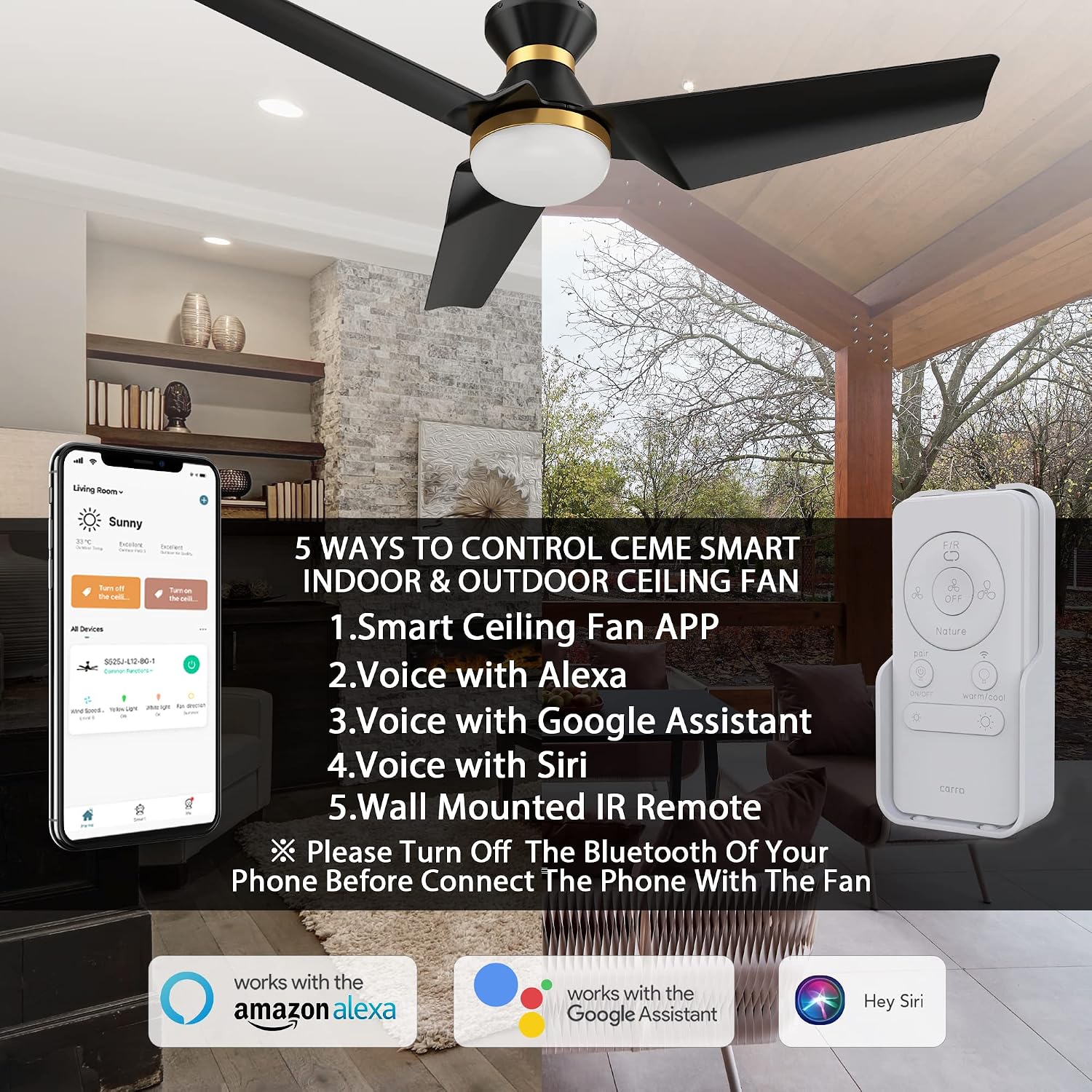CEME 52" Smart Flush Mount Ceiling Fan with Lights, DC 10 Speeds Ceiling Fan with Remote, 3 Light Colors Dimmable Low Profile Ceiling Fan Compatible with Alexa, Siri & Google Home, Black Gold