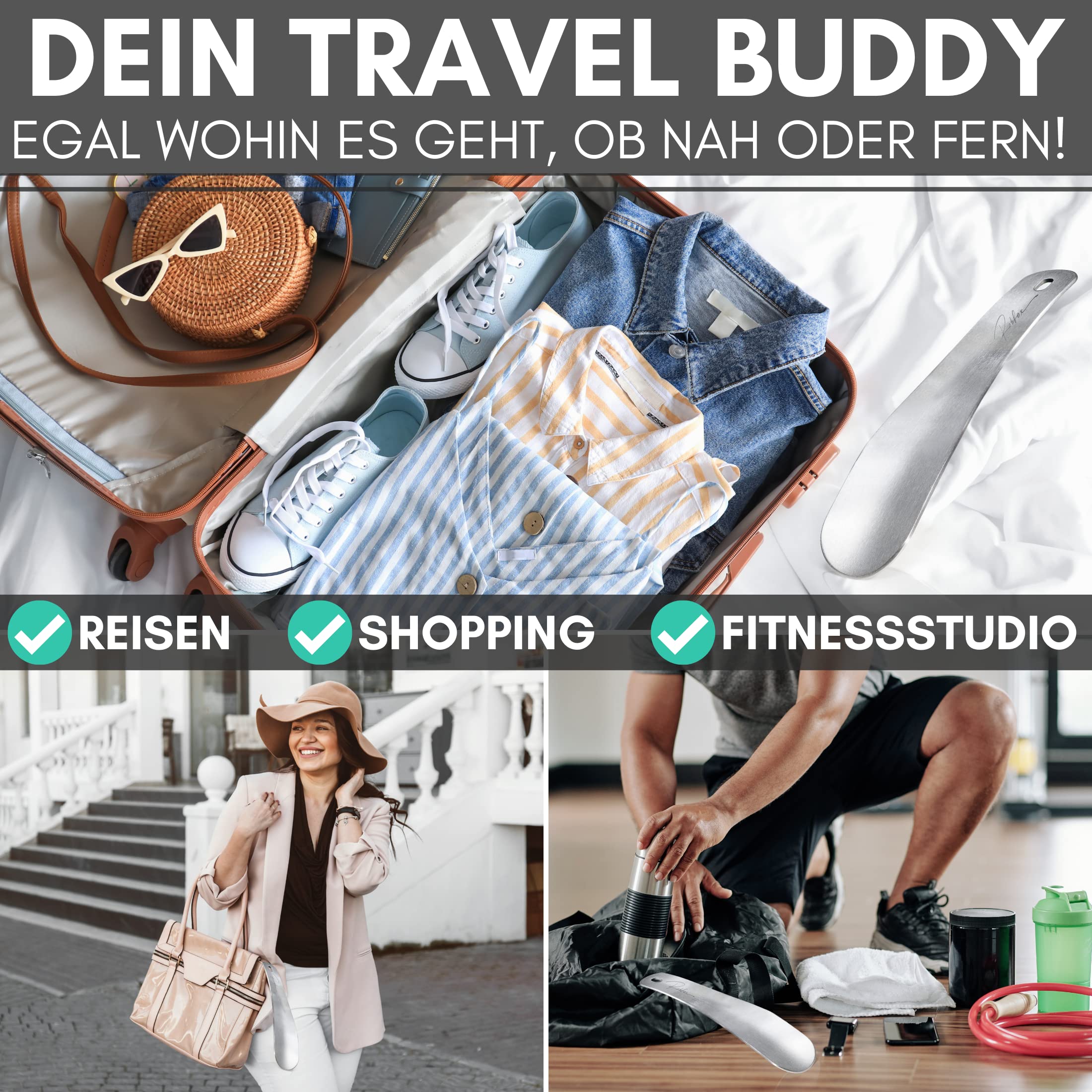 Robfox Schuhlöffel klein I 22cm lang & extra stabil I gebürstetes Metall I Schuhanzieher klein aus Edelstahl I kompakte Schuh Anziehhilfe I Schuhauszieher kurz I kleiner Kinder shoe horn