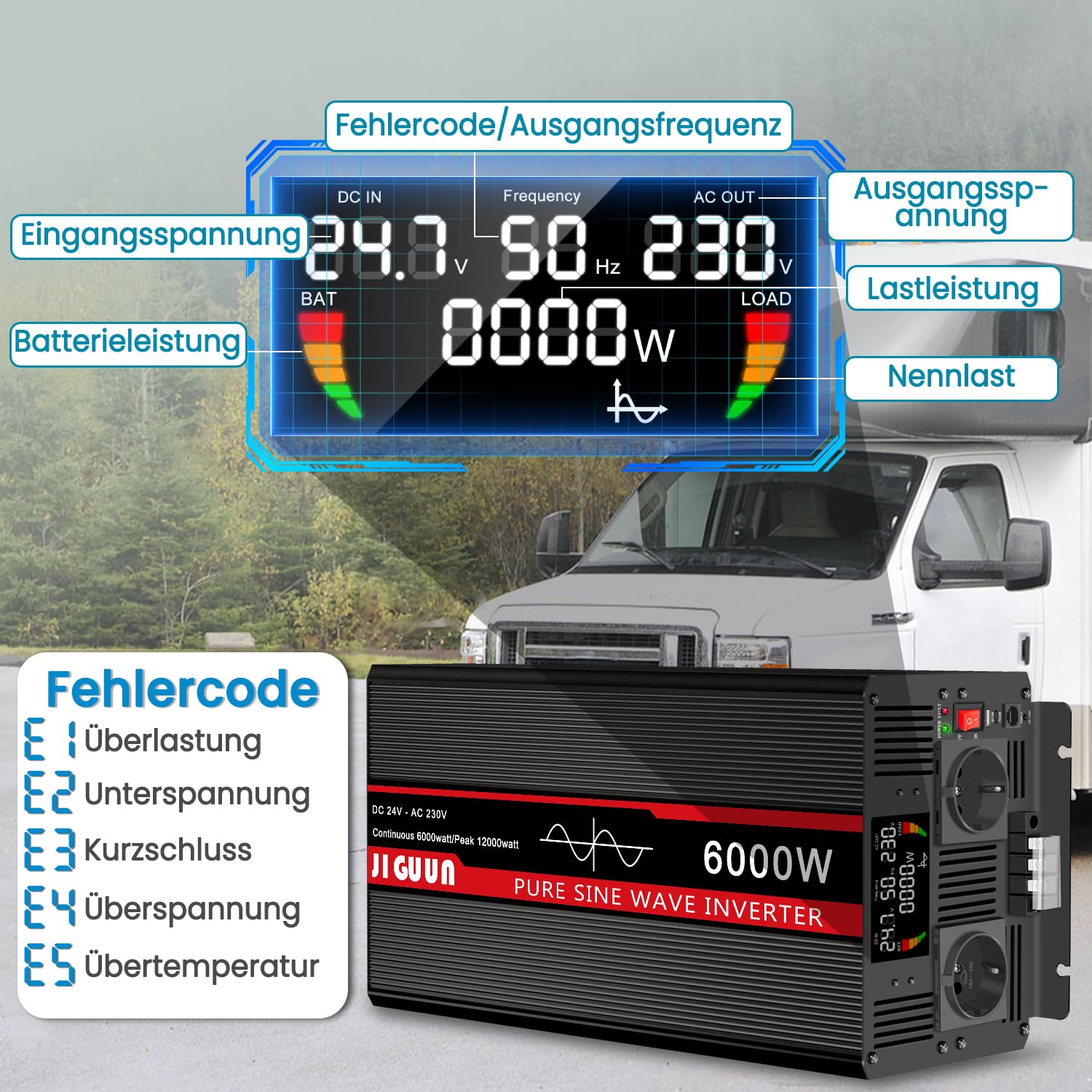 JIGUUN 6000W Wechselrichter 24V auf 230V Reiner Sinus Spannungswandler