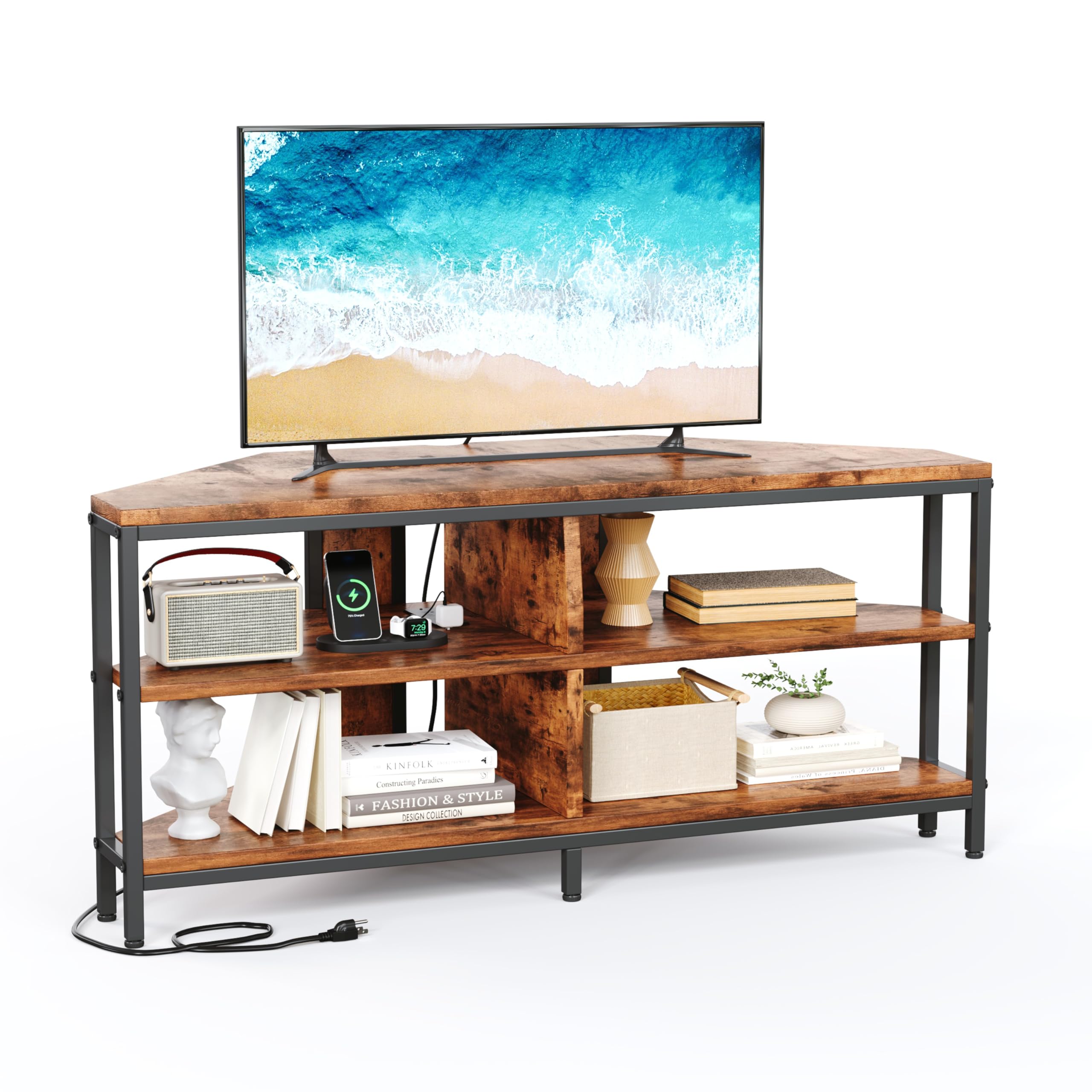 CAIYUN 106 cm Corner TV Unit with Power Outlet, 42 inch TV Stand Cabinet for Living Room, TV Bench for 32/45/50/55 inch, Wooden TV Stand for Bedroom, Rustic Brown