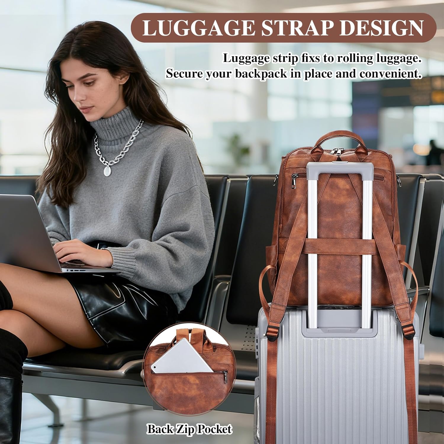 Backpack Purse for Women, Faux Leather Laptop Bag with Woven Strap, Brown
