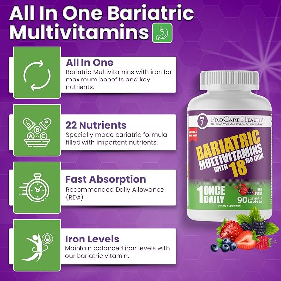 ProCare Health Bariatric Chewable Multivitamin with Iron 18mg (90 Tablets) - Fruit Punch Flavor - for Gastric Bypass & Sleeve Gastrectomy Patients* (3 Month Supply)
