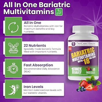 ProCare Health Bariatric Chewable Multivitamin with Iron 18mg (90 Tablets) - Fruit Punch Flavor - for Gastric Bypass & Sleeve Gastrectomy Patients* (3 Month Supply)