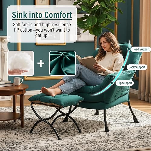 Miniatura 4 de Silla perezosa moderna con reposapiés plegable, silla de lectura con acento de salón (verde oscuro)