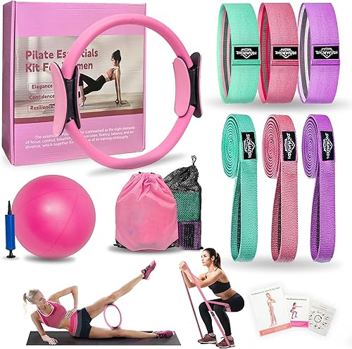 Pilates Essentials Kit for Home Women, Pilates Equipment for Workouts, 6 Fabric Resistance Bands, 12 Inch Magic Circle Yoga Ring, Mini Exercise