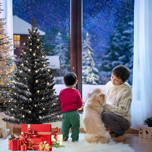 Miniatura 2 de Árbol de Navidad negro iluminado de 4 pies, no preiluminado, pinos de oropel negro con luces, ideal para el hogar, la oficina y la decoración de
