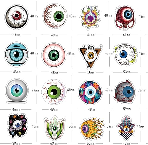 Miniatura 3 de Paquete de 64 calcomanías de globo ocular genial, calcomanías de vinilo de terror de terror de Halloween, calcomanías impermeables para botella de