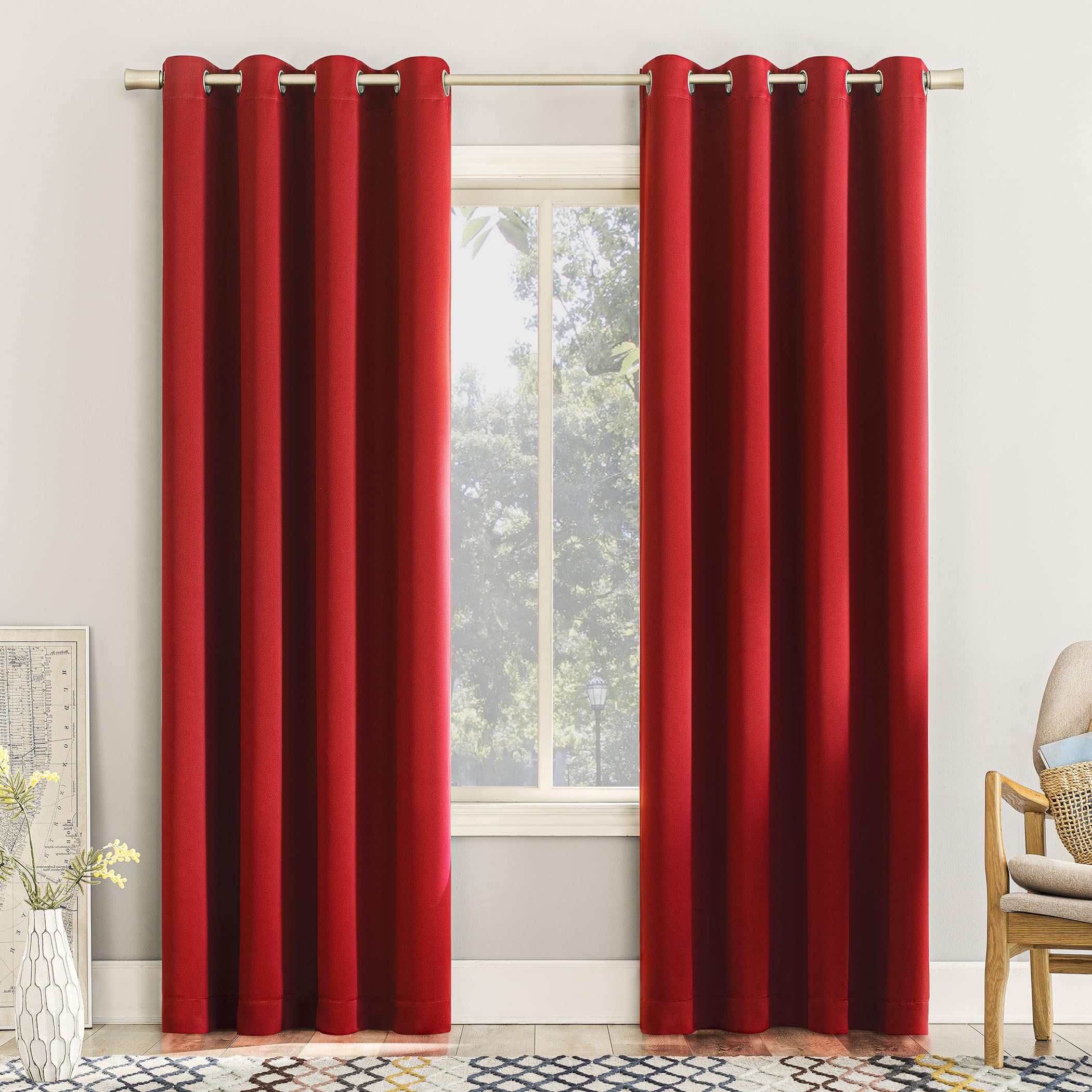 Rideaux à œillets Sun Zero Barrow rouge 137x160 cm pour isolation thermique de la maison