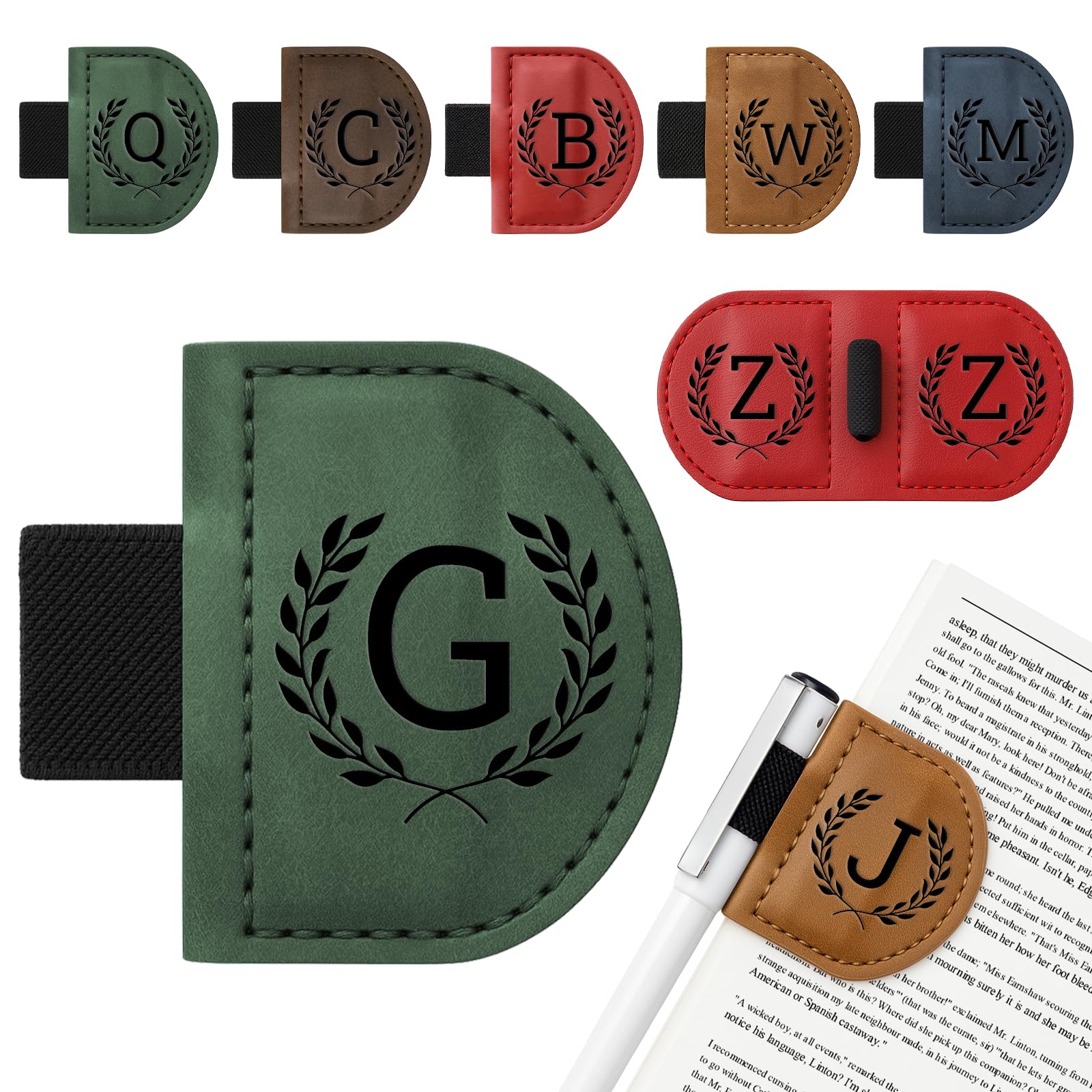 Personalized Bygone Mark Bookmark with Pen Holder,Engraving Leather Magnetic Bookmarks Vintage 26 Letters Name Initials Text Book Marker Clips Gifts