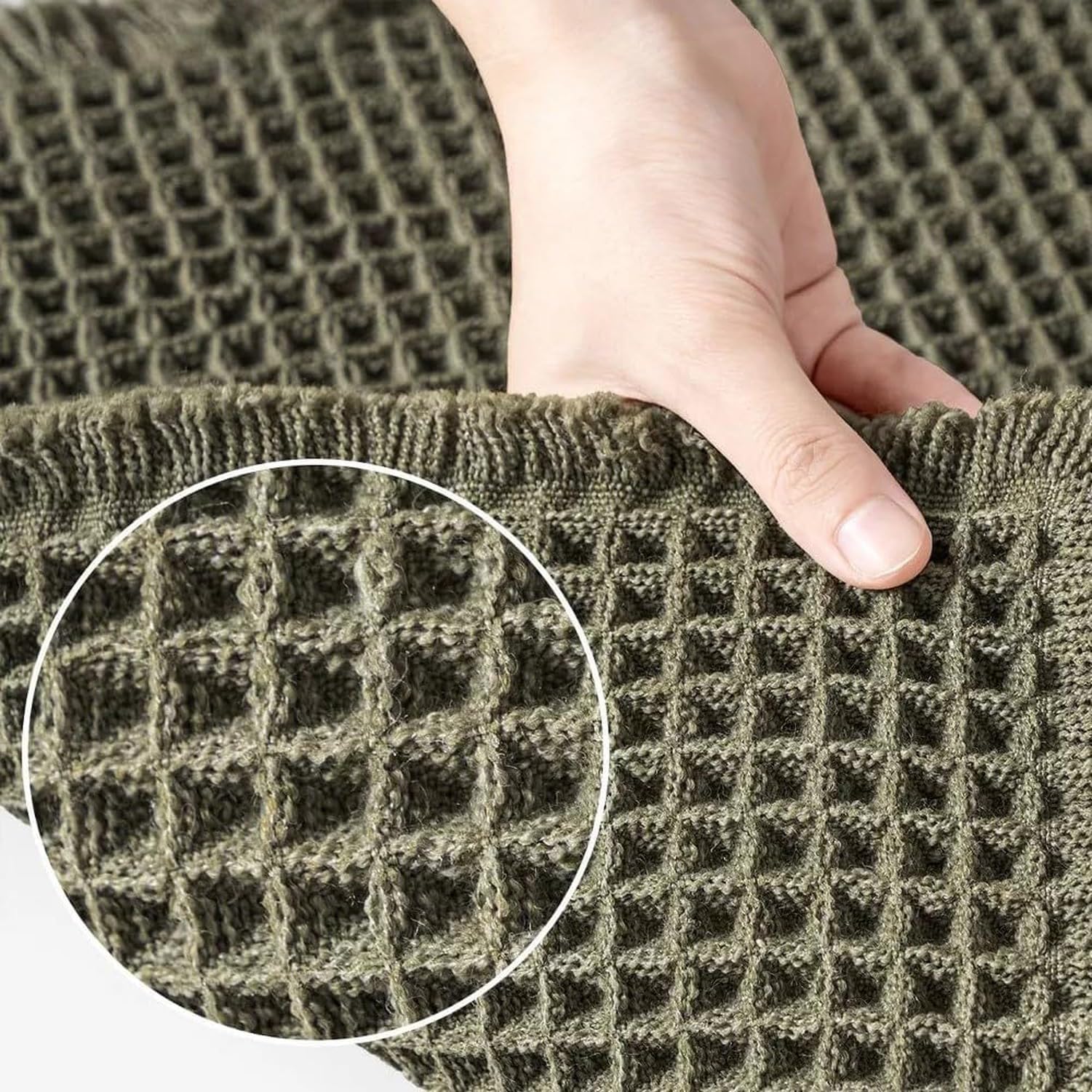 Alfombrilla de baño de gofre extra absorbente y antideslizante, diseño ultrasuave con borlas decorativas, lavable a máquina con respaldo de goma antideslizante,, Verde scuro, 46x76 cm (rettangolare)