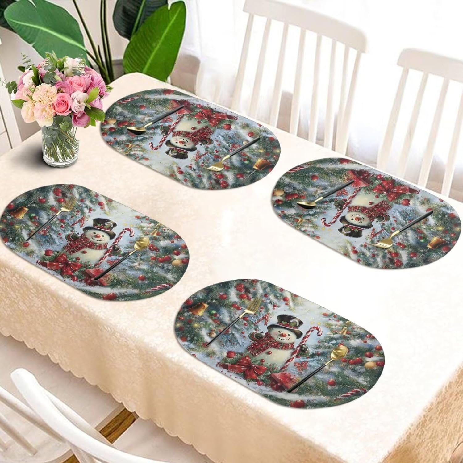 Snowman Candy プレースマット 2枚セット 楕円形 耐熱 プレースマット フェイクレザー ラウンドテーブル キッチン テ