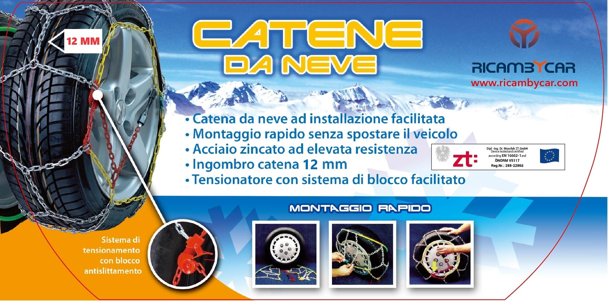 Catene da Neve 12 mm gruppo 245 Omologate ONORM V5117, Montaggio Rapido, Catene auto Adatte ai pneumatici di suv e utilitarie