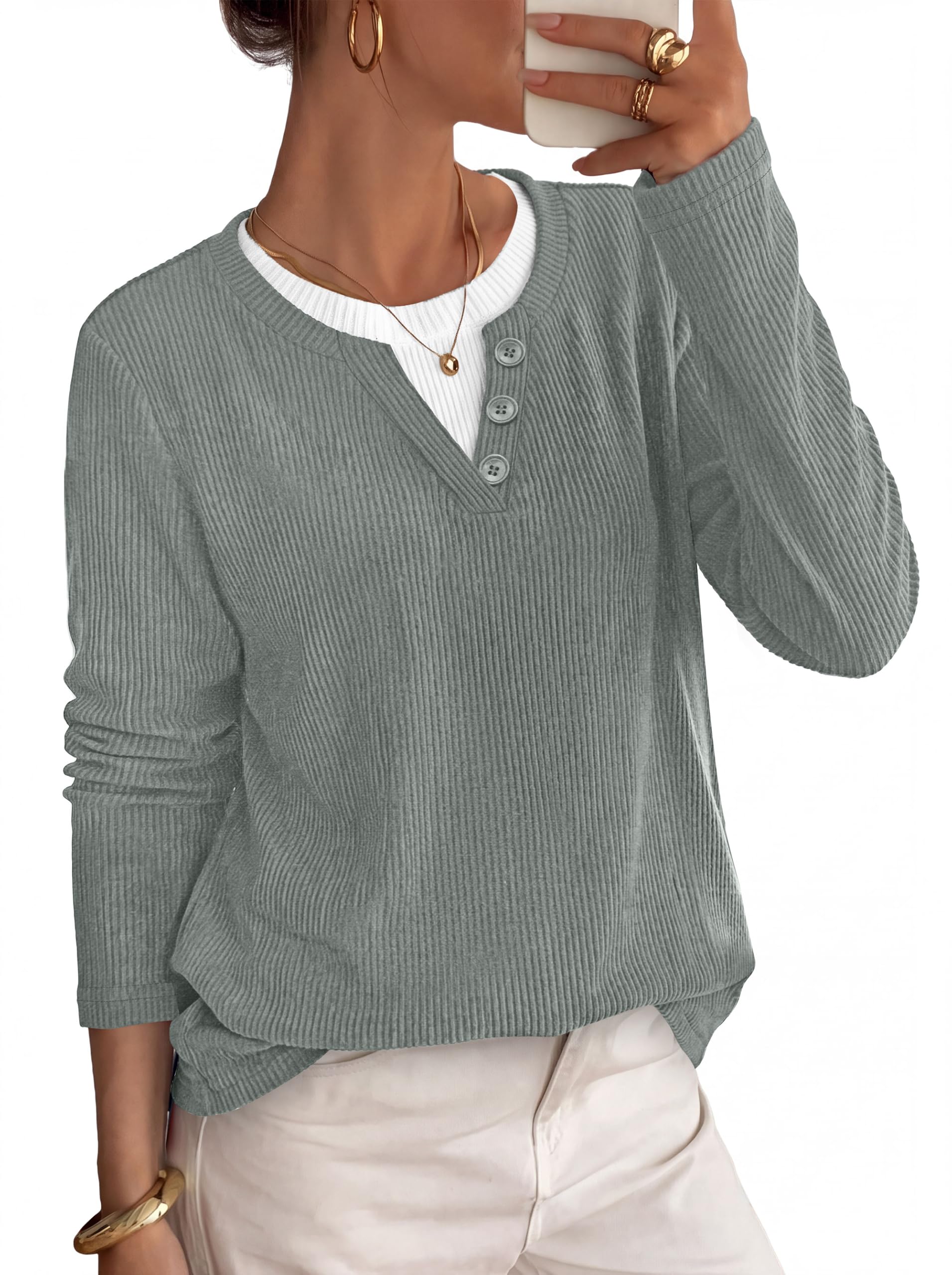 OFEEFAN Long Sleeve Shirts for Women Early Fall Fashion Oversized Sweaters Plus Size Tunic Tops Loose Fit Dressy Winter Clothing Color Block Henley Ribbed Knit Sage Green XL