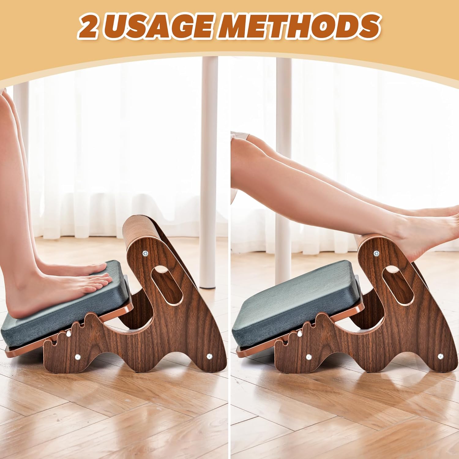 Foot Rest for Under Desk at Work- Adjustable Rocking Foot Stool with 3 Height Position and Soft Crossbar, Ergonomic Wooden Footrest with Soft Sponge Pad for Home, Office