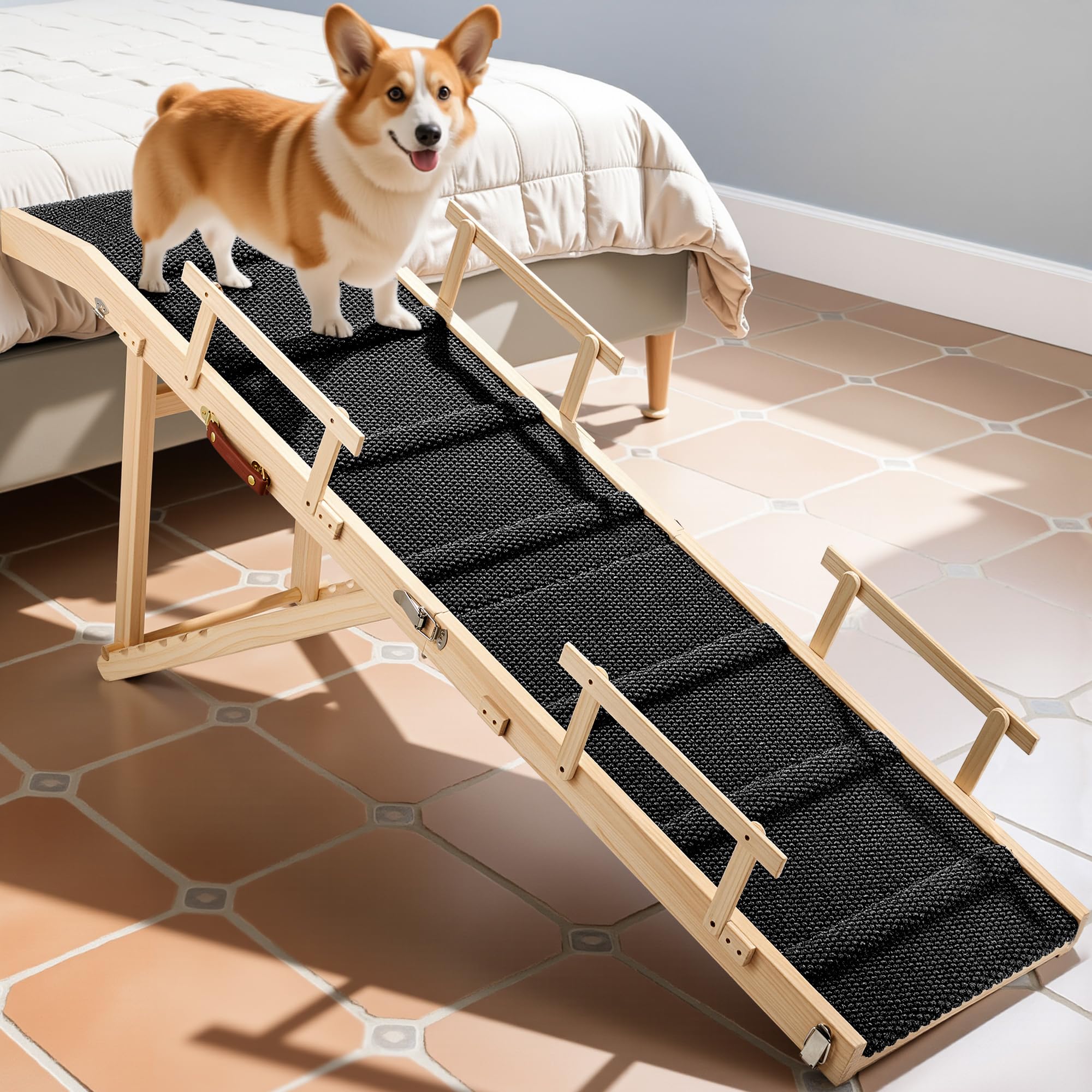 Dog Ramp for Bed with Rails, 64" Long Foldable Pet Ramp for Small Large Dogs, Dog Ramps for High Beds with Safety Side Railng, 6 Adjustable Heights 24