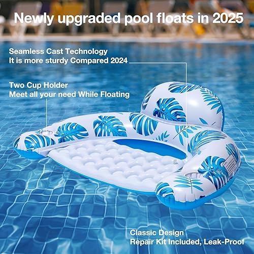 Miniatura 3 de Flotadores de piscina para adultos, sillas de salón flotantes, flotadores inflables de piscina con portavasos, 2 parches de reparación para