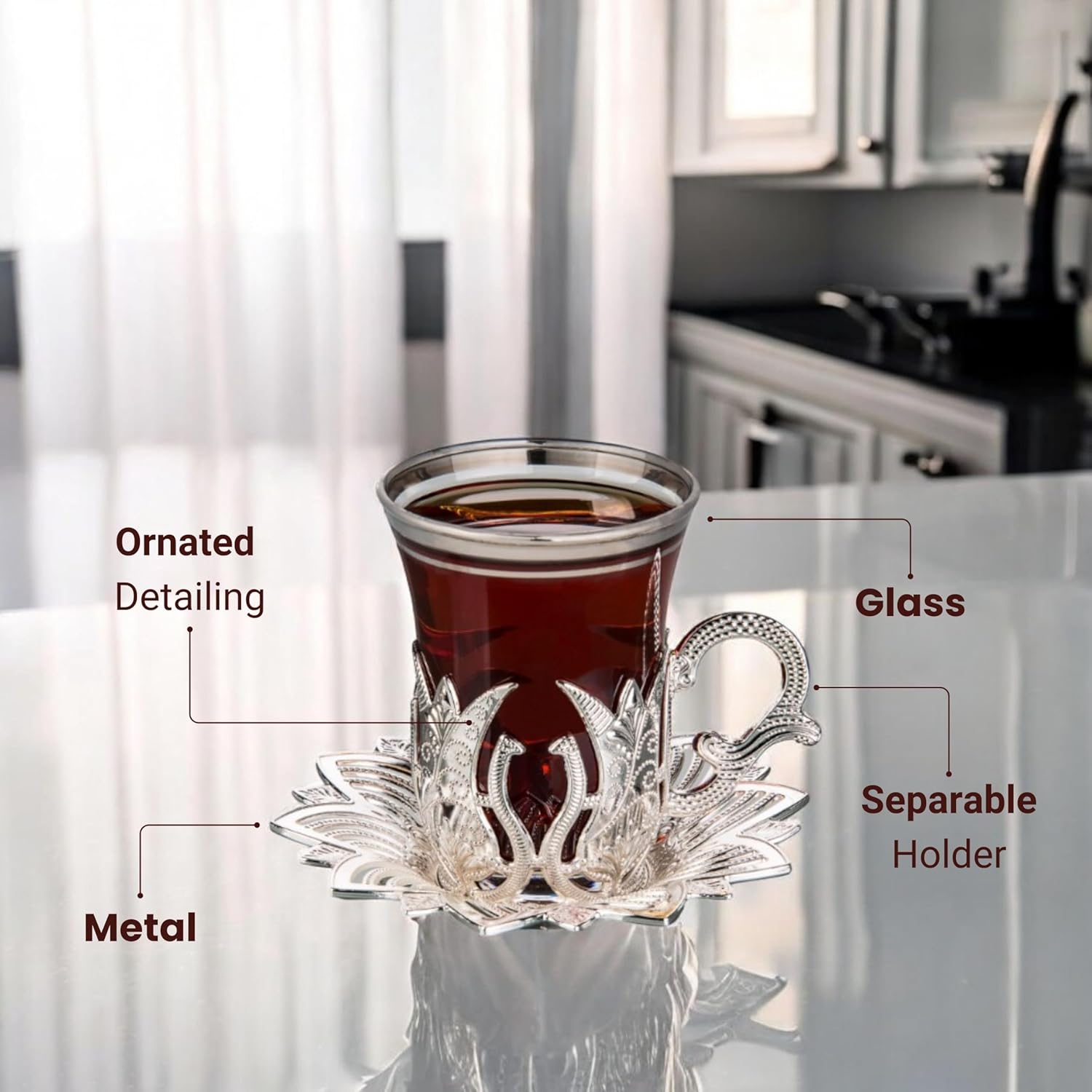 LaModaHome Vintage Handmade Turkish Tea Glasses with Saucer and Holders, Ottoman and Arabic Cups Set of 6 for Serving, Guests, Teatime, Dinner, Housewarming Gifts, Wedding, Events, Tableware - Silver