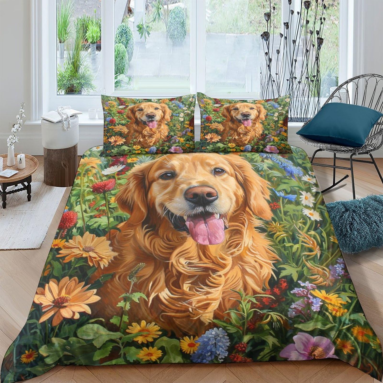 Parure De Lit 3D Golden Retriever King 220x240cm - Housse De Couette Et Taies Microfibre Douce
