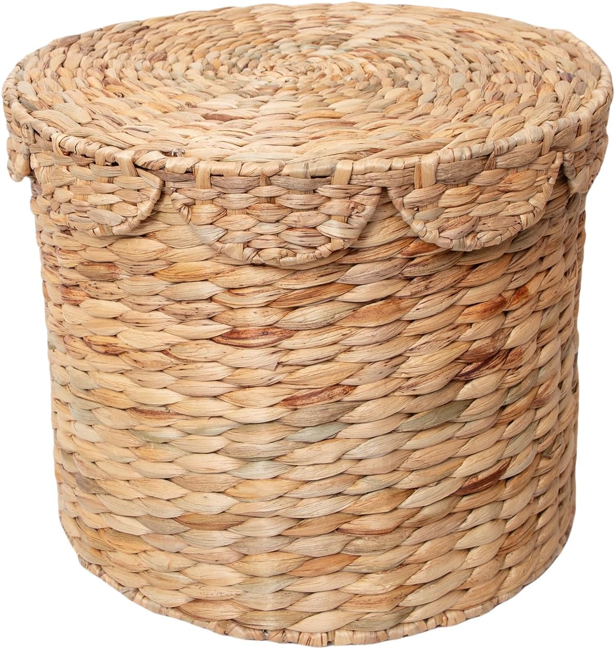 vintage woven storage basket with scalloped lid - handwoven water hyacinth laundry hamper for clothes, blankets, toys organizing - natural wicker basket with lid (small round)