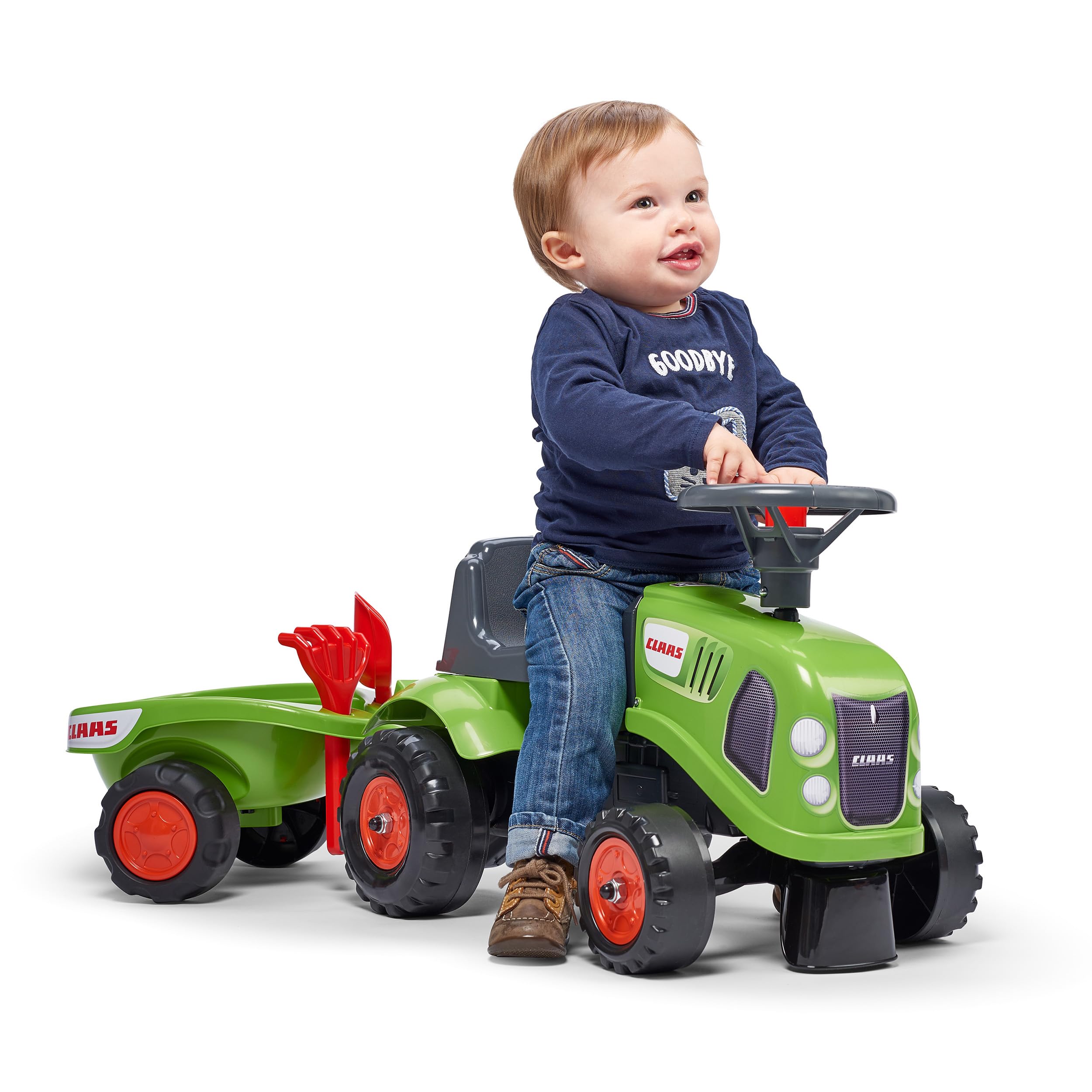 Falk Claas Traktor mit Anhänger, Rechen und Schaufel, 2 Sets Aufkleber, Rutschspielzeug für Kleinkinder + 1 Jahr FA212C