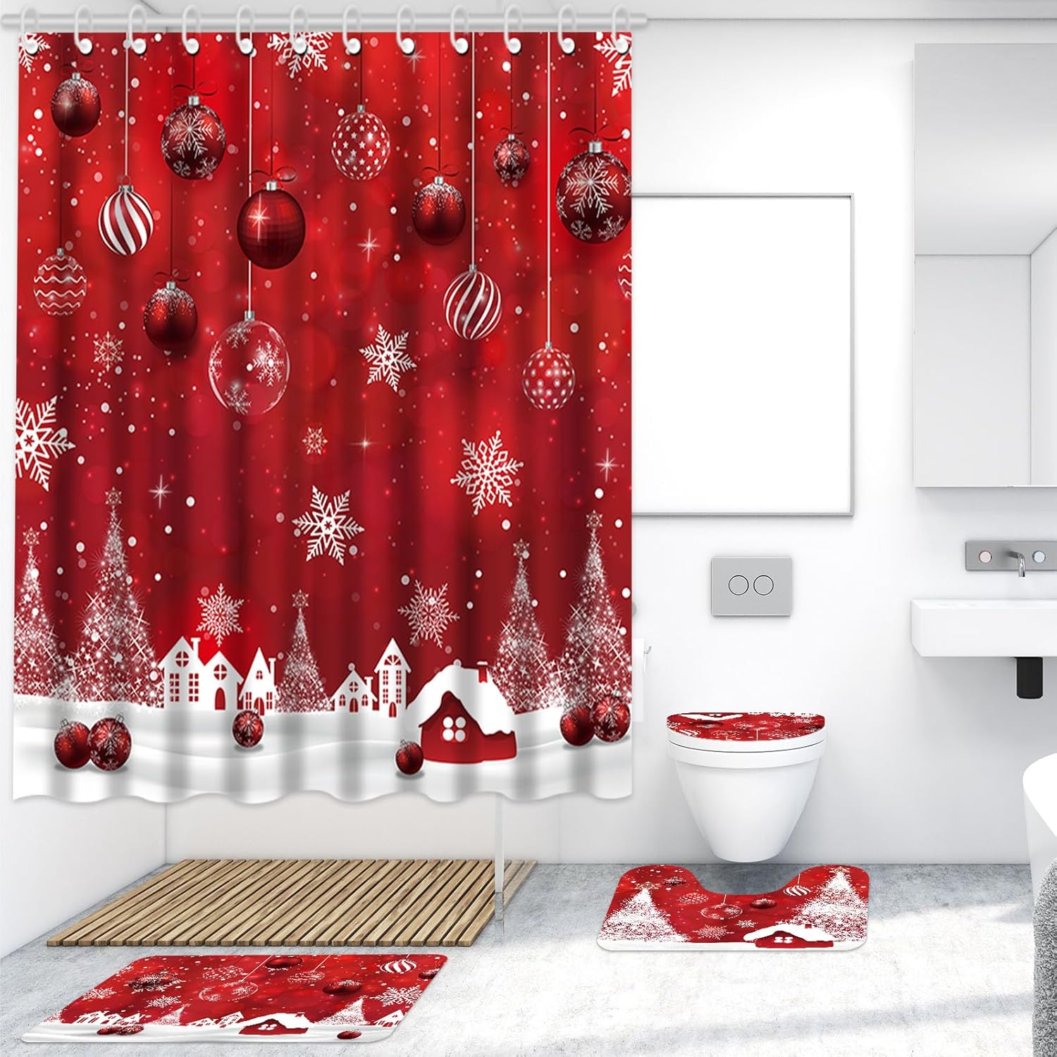 Capoda 4 Pcs Merry Christmas Bathroom Shower Curtain Set, Christmas Bathroom Curtain with 12 Hooks, Non Slip Bathroom Rugs, Toilet Lid Cover, U Toilet Mat for Christmas Bathroom Decoration (Ball)