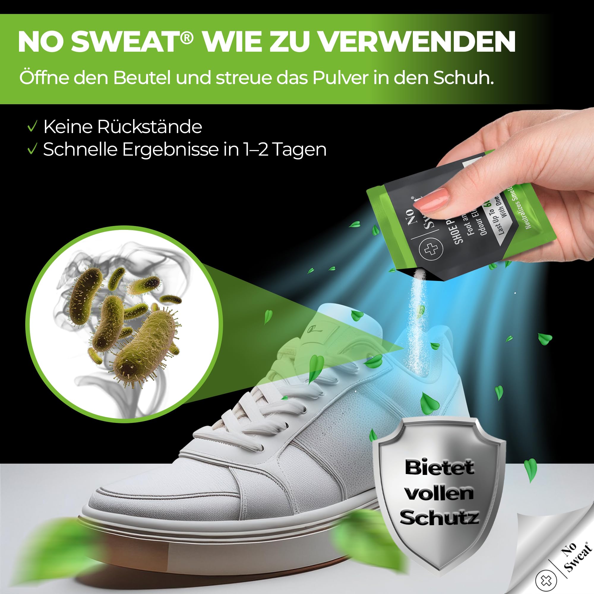 No Sweat Eliminador de olores para zapatos, forma de polvo, 10 unidades, ideal para neutralizar el olor de las botas de fútbol, en práctico set para hasta 60 días de frescura, controla la humedad