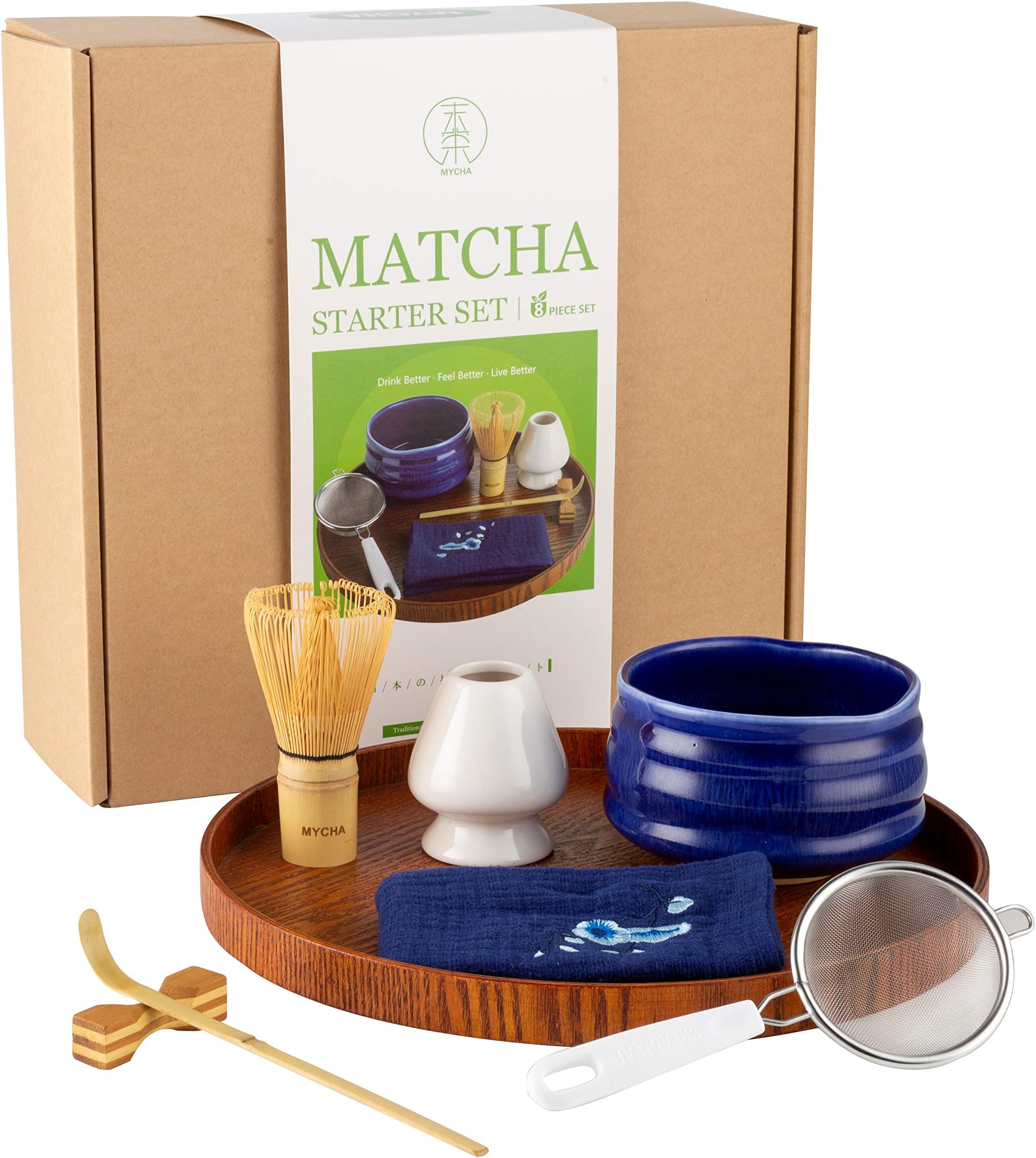 MYCHA-Complete Matcha Ceremony Gift Set -Japanese Handcrafted Matcha Tea Bowl-Bamboo Whisk-Scoop-Scoop Holder-Stainless Steel Sifter-Ceramic Whisk Holder-Tea Cloth-Tea Tray,Prep Guide (Sapphire blue)