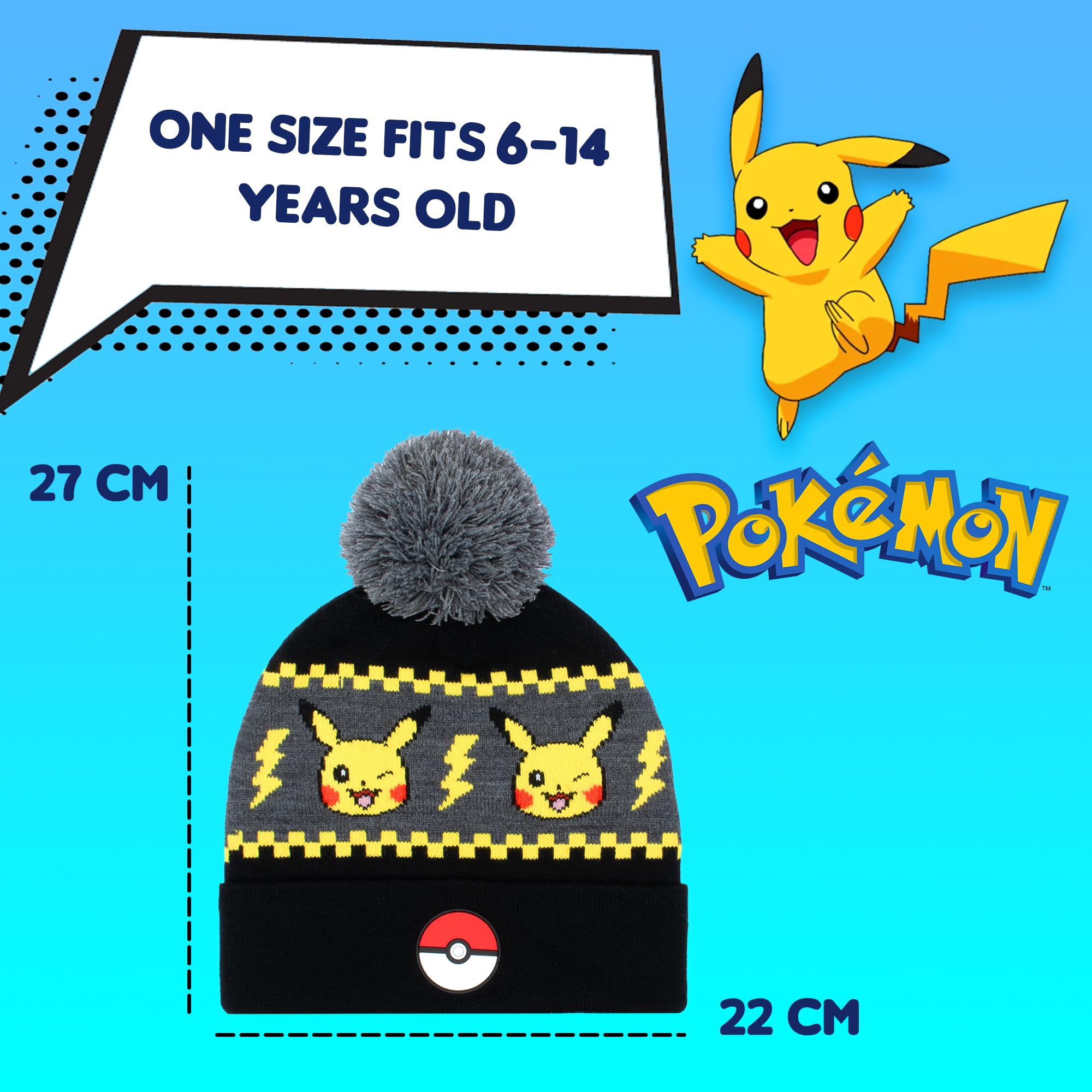 Pokemon - Winter Warm & Comfy Beanie Hat & Gloves Set for Boys - Pikachu Design - Perfect for Boys 6-12 Years