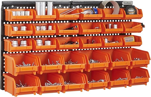 VonHaus 30 Pcs Wall Mount Storage Organiser Bin Panel Rack - DIY Tool Bits Boxes