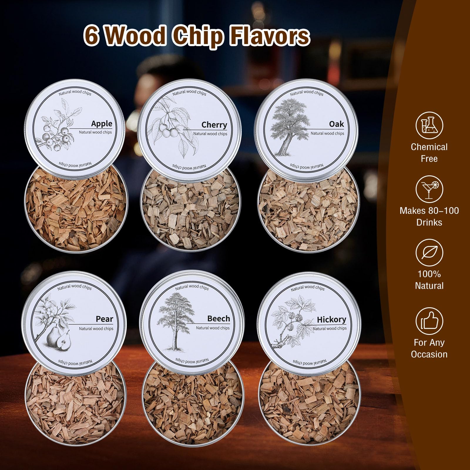 Kit per Affumicatore per Cocktail Kit per Affumicatore Whisky da Elettrico con 6 Gusti Patatine in Legno Accessori per Cocktail Whisky Regalo di Natale per Padre Marito Uomo
