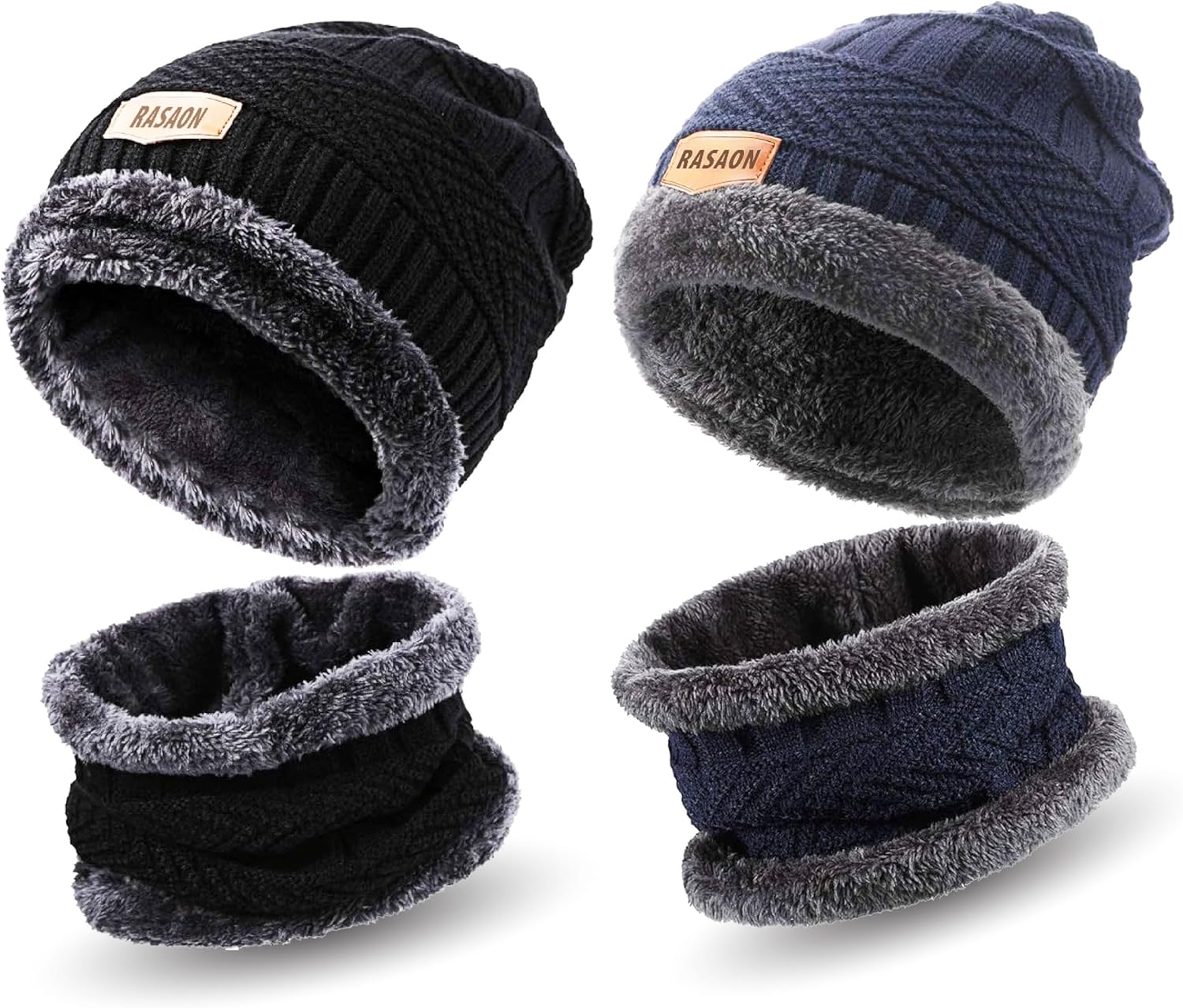 RASAON™ 4 pieces Mens Winter Beanie Hat Scarf Set Thick Fleece Lined