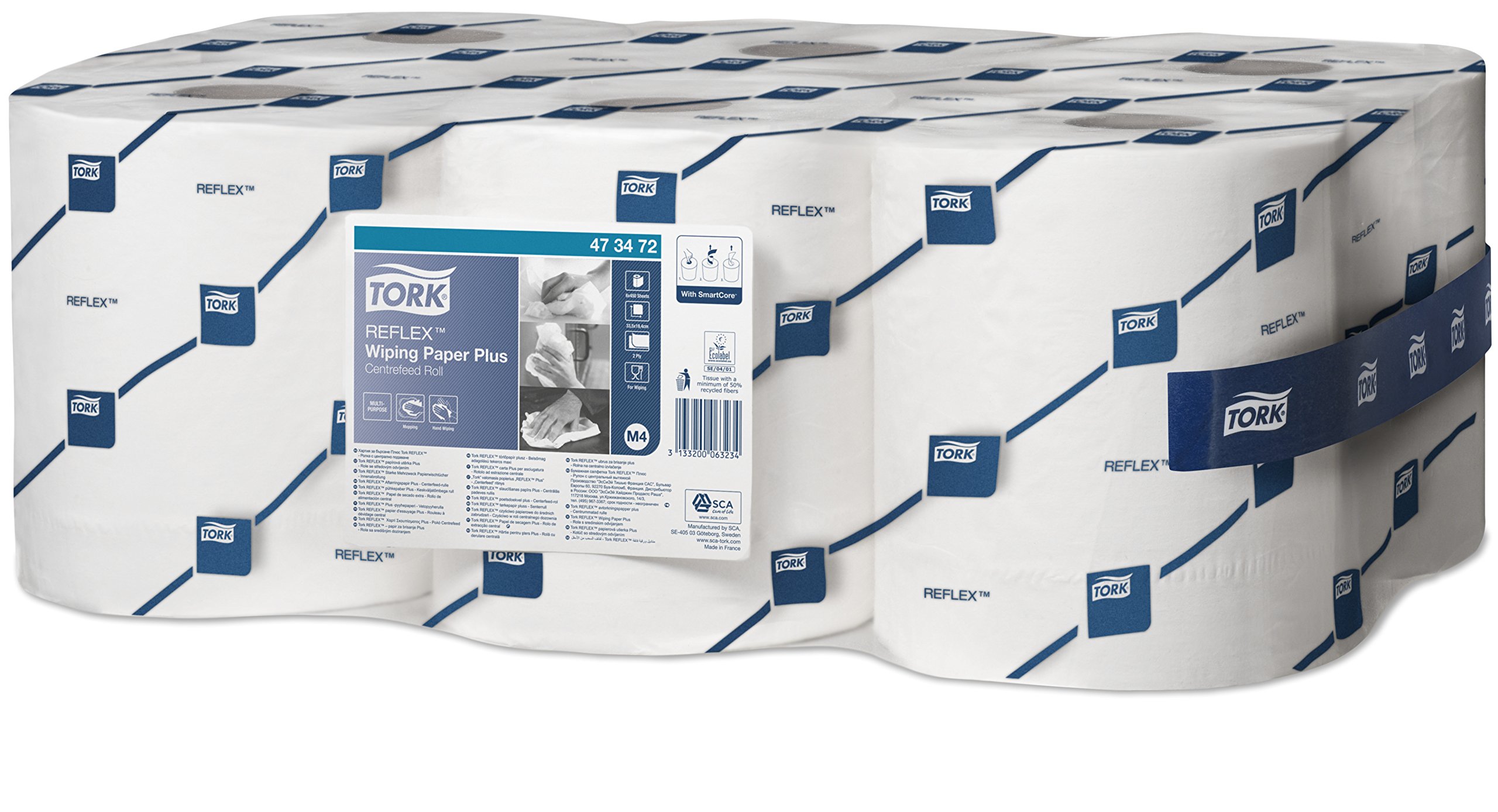 Tork 473472 Reflex Carta Plus per asciugatura Advanced, compatibile con il sistema M4 (ad estrazione centrale Reflex), 2 veli, 1 conf. x 6 rotoli (6 x 150,8 m), colore bianco