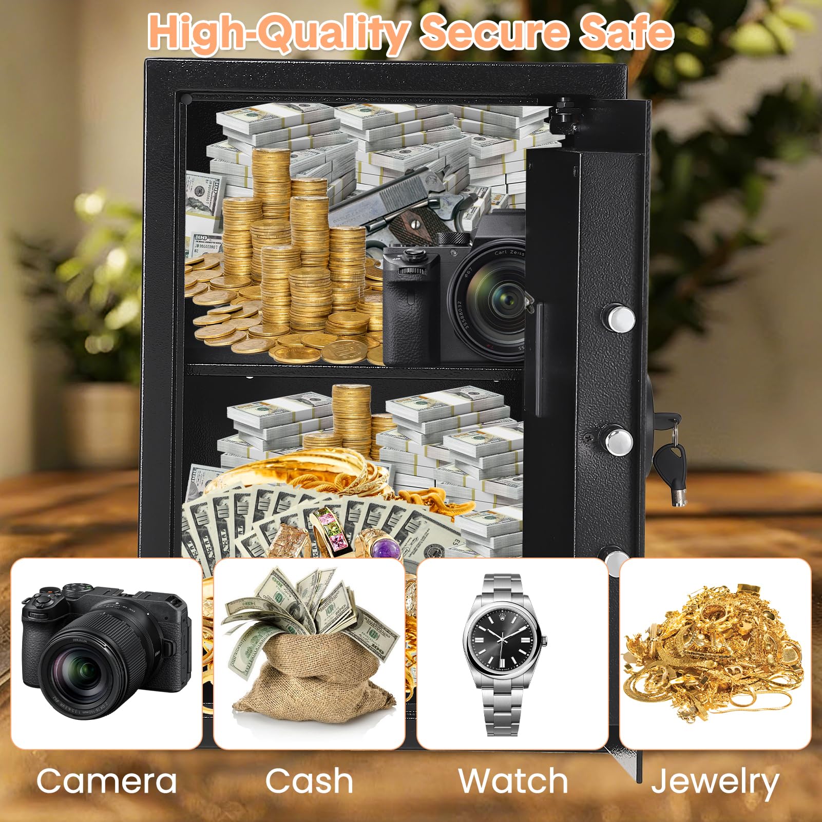 Garvee Caja de seguridad de acero con doble sistema de cierre, caja fuerte con resistente al fuego, impermeable, alarma, compartimento extraíble, montaje en pared/suelo, para dinero, joyas, documentos