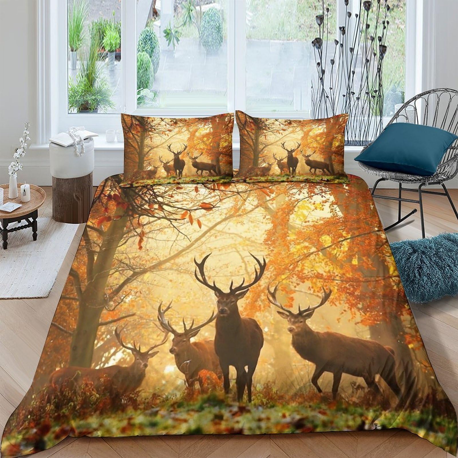 GPLZQXKJNH 3D Printed Autumn Forest Deer Duvet Cover Microfiber Soft Breathable Woodland Animal Bedding Set with 2 Pillowcases for Bedroom Décor, Single（135x200cm）