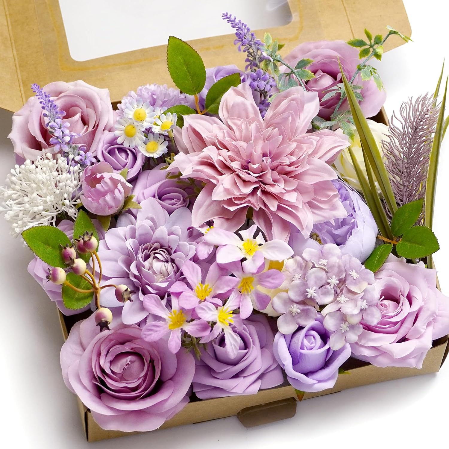 Piklado Artificial Flower Combination Box Set Artificial Flower Loose Leaves and Stems DIY Wedding Center Bouquet Bride Wedding Baby Shower(Lavender Lilac)