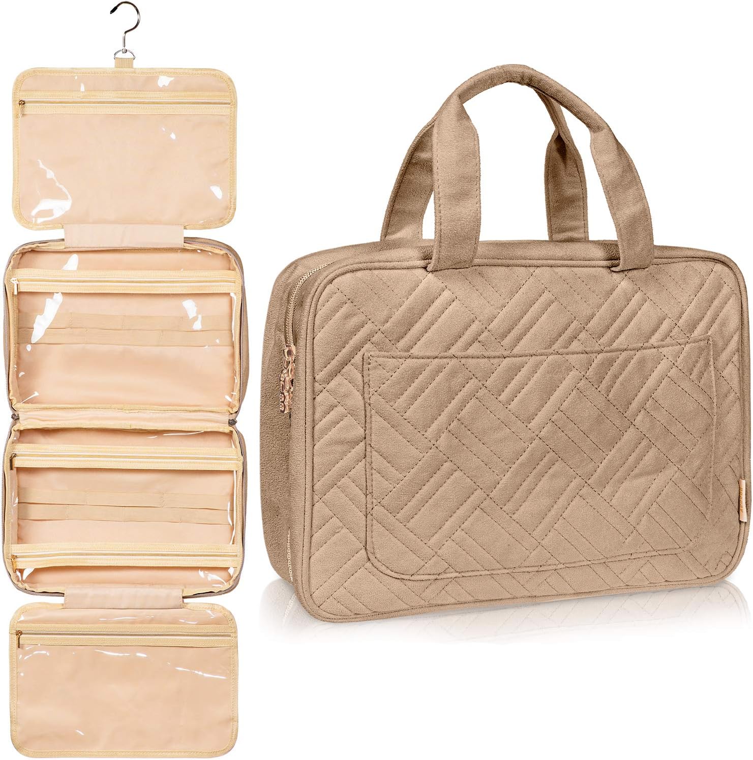 Fashionable Hanging Travel Toiletry Bag for Women and Men, Foldable Hygiene Bag, Bathroom, and Shower Organizer Kit with Elastic Band Holders for Toiletries, Cosmetics, Makeup, Brushes (Large)