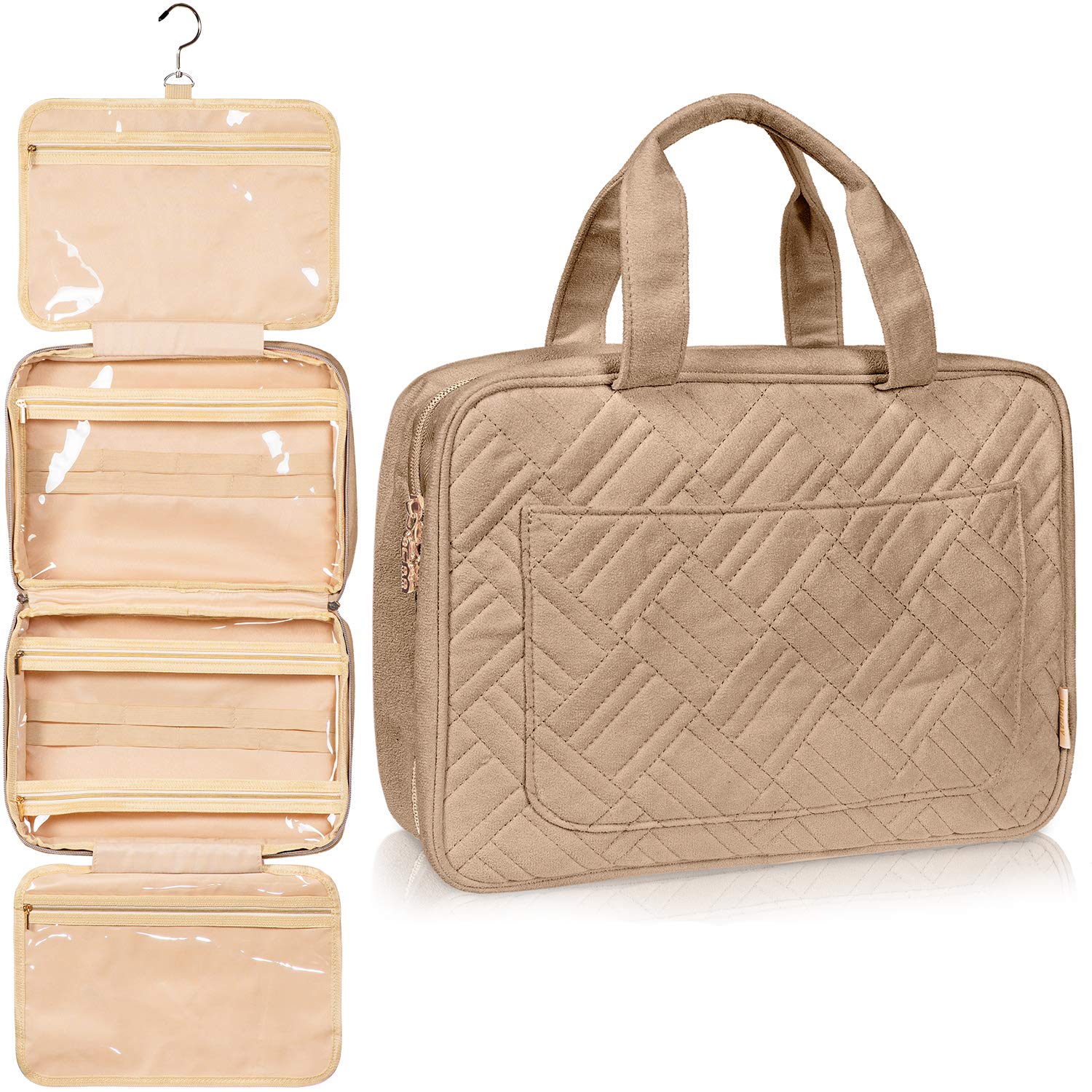 Fashionable Hanging Travel Toiletry Bag for Women and Men, Foldable Hygiene Bag, Bathroom, and Shower Organizer Kit with Elastic Band Holders for Toiletries, Cosmetics, Makeup, Brushes (Large)